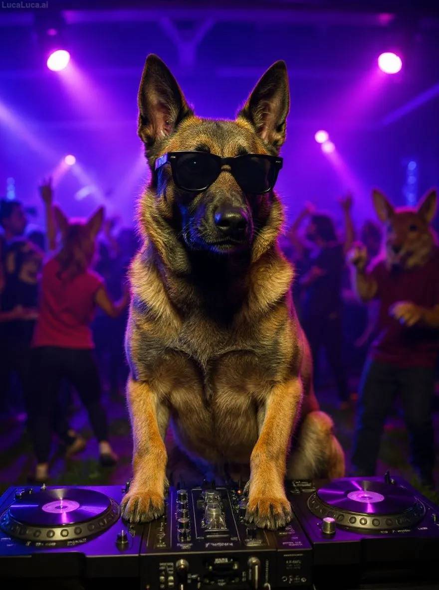 Belgian Malinois dog wearing sunglasses with paws on turntables at a nightclub