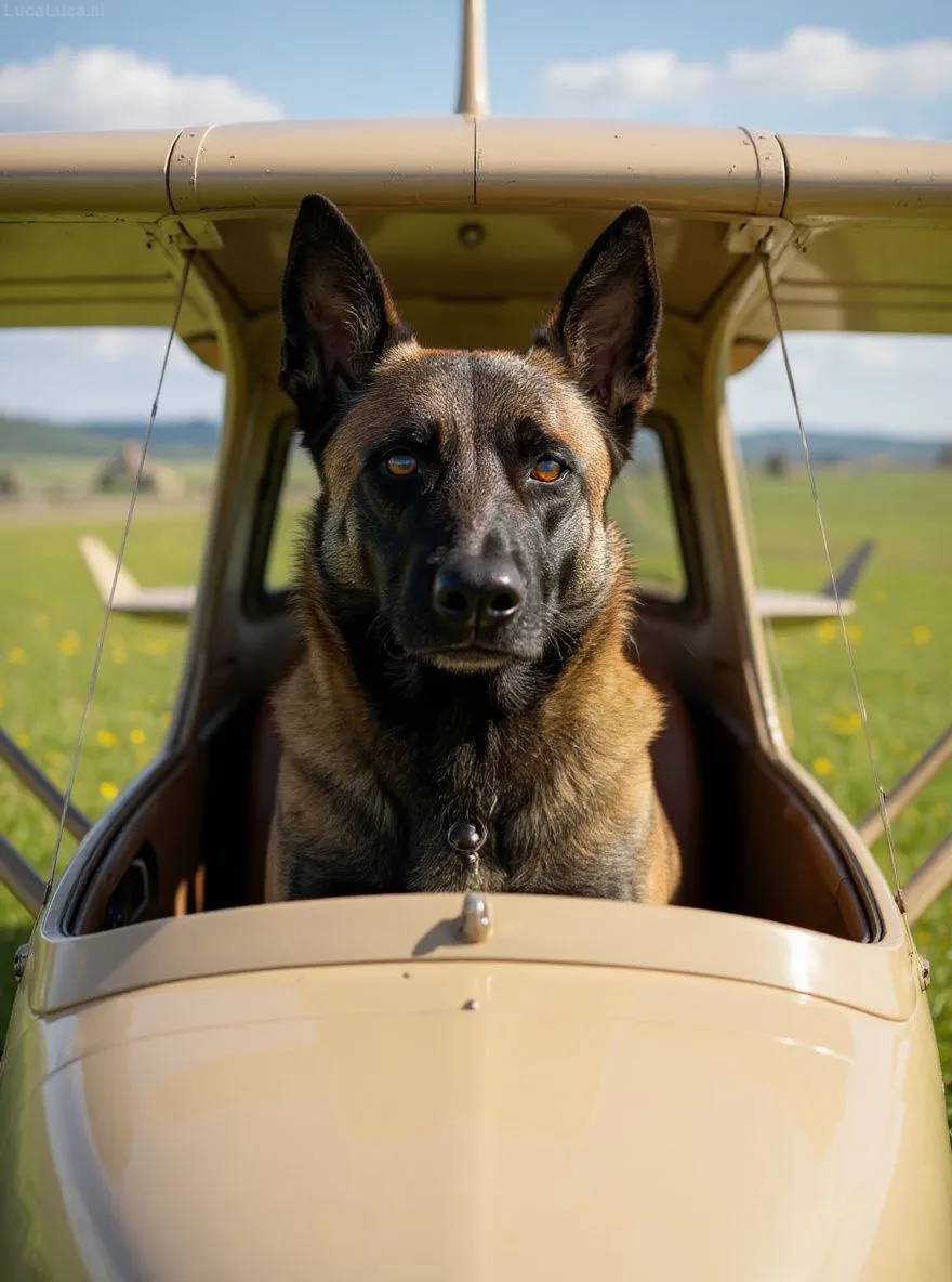 Belgian Malinois dog in an airplane cockpit wearing aviator goggles