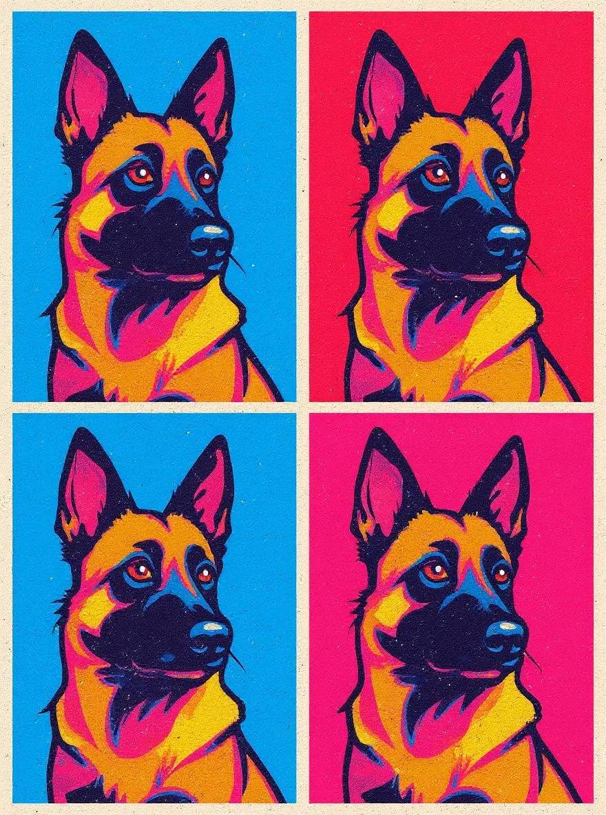 Belgian Malinois dog portrait in pop art style repeated in a colorful grid
