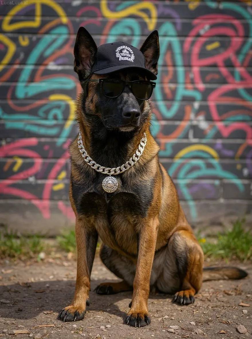 Belgian Malinois dog wearing a gold chain, sunglasses, and cap in front of a graffiti wall
