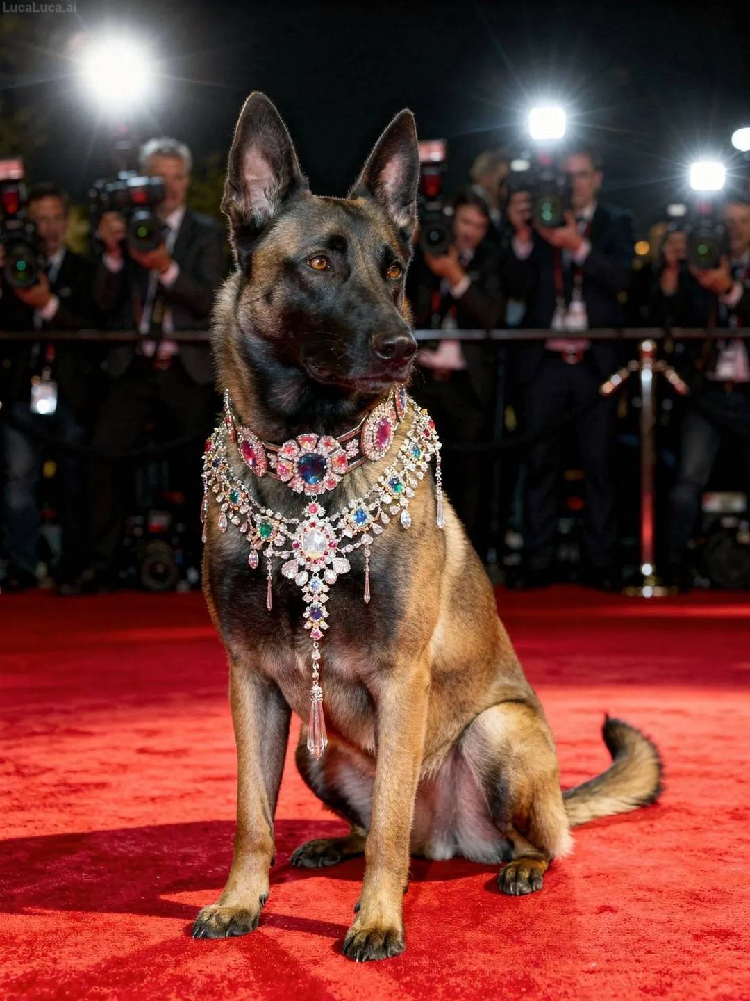 Belgian Malinois dog dripping in jewels posing for paparazzi on a red carpet