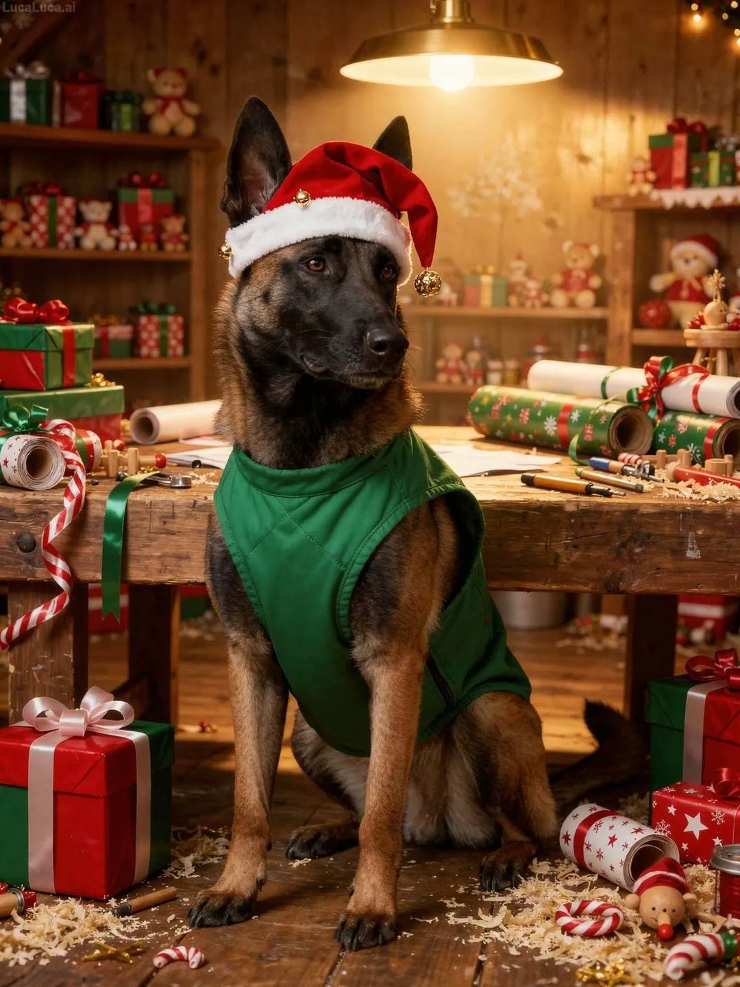 Belgian Malinois dog wearing an elf hat at a workshop table surrounded by wrapped gifts