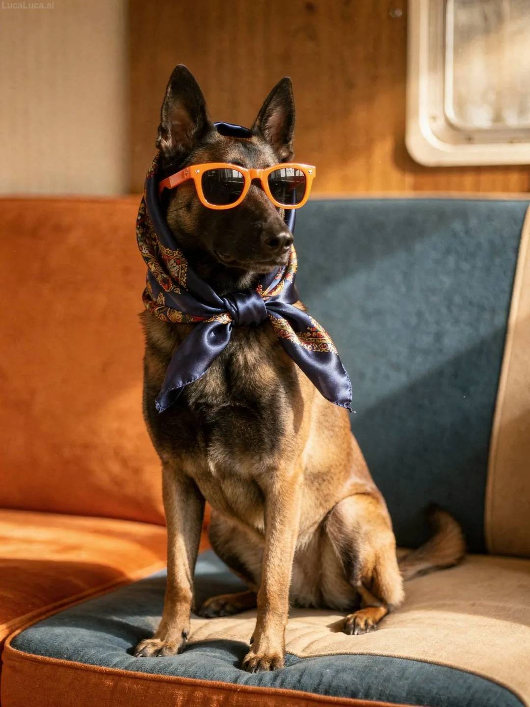 Belgian Malinois dog wearing orange sunglasses and a silky patterned headscarf