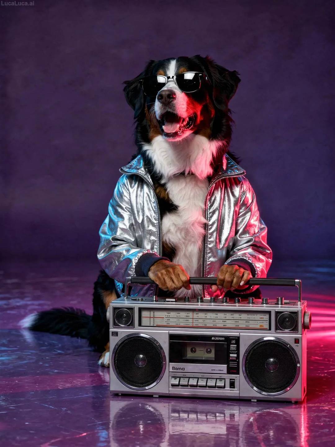 Bernese Mountain Dog dog in a metallic silver bomber jacket next to a boombox with neon lighting