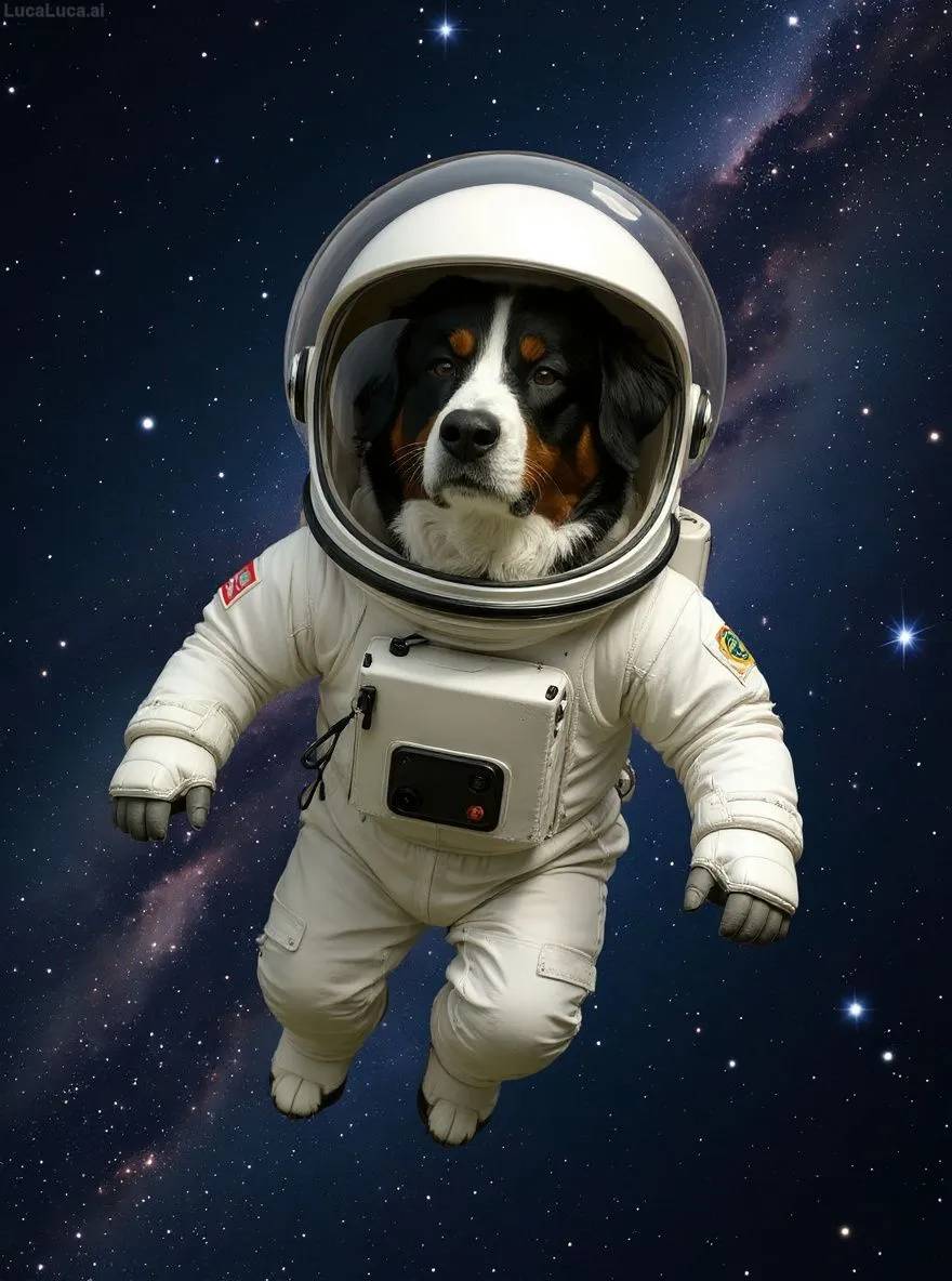 Bernese Mountain Dog dog in a space suit floating in space with Earth in the background