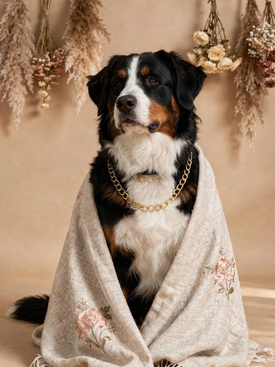 Bernese Mountain Dog dog wearing a linen shawl with gold jewelry in a bohemian setting