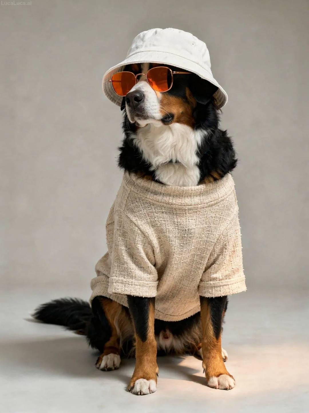 Bernese Mountain Dog dog wearing a beige shirt, sunglasses, and bucket hat in studio lighting