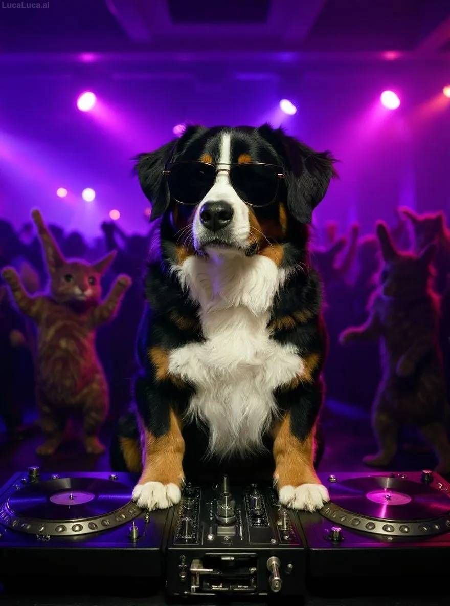 Bernese Mountain Dog dog wearing sunglasses with paws on turntables at a nightclub