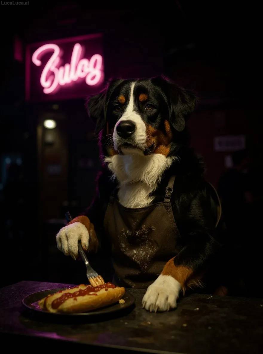 Bernese Mountain Dog dog in a stained apron flipping hot dogs at a neon-lit food stand