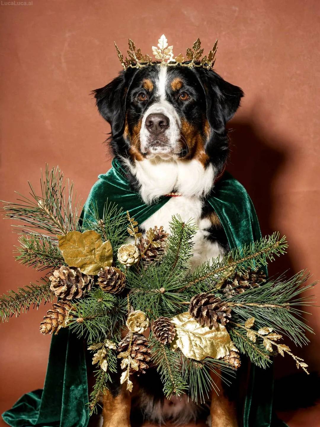 Bernese Mountain Dog dog wearing a gold leaf crown and emerald cape holding pine branches