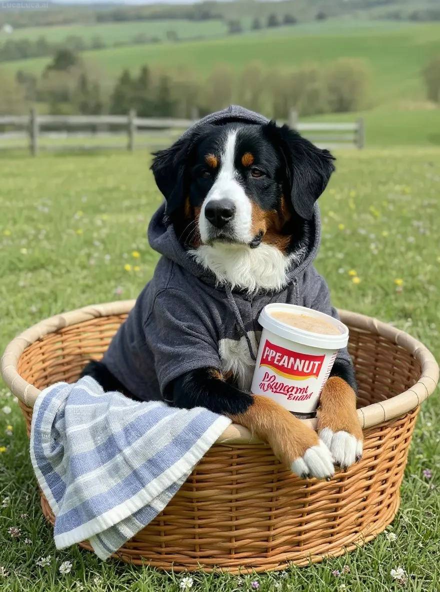 Bernese Mountain Dog dog wrapped in a hoodie in a laundry basket holding peanut butter