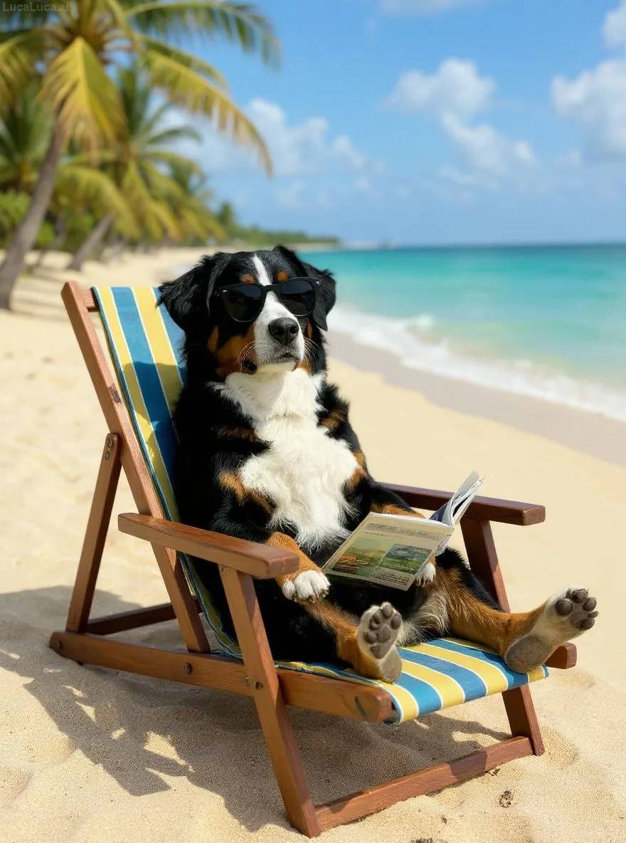 Bernese Mountain Dog dog wearing sunglasses lounging on a beach chair with a cocktail