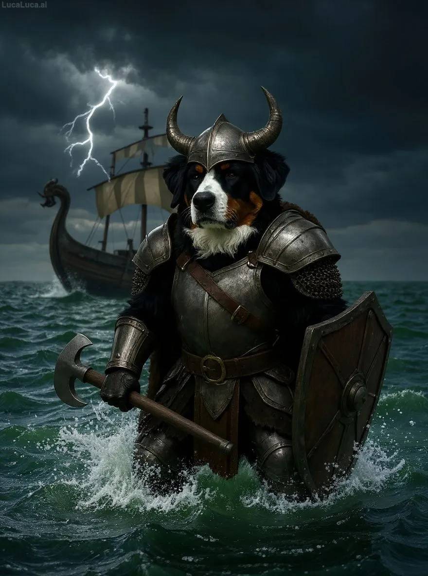 Bernese Mountain Dog dog in Viking armor with horned helmet and axe on a stormy sea
