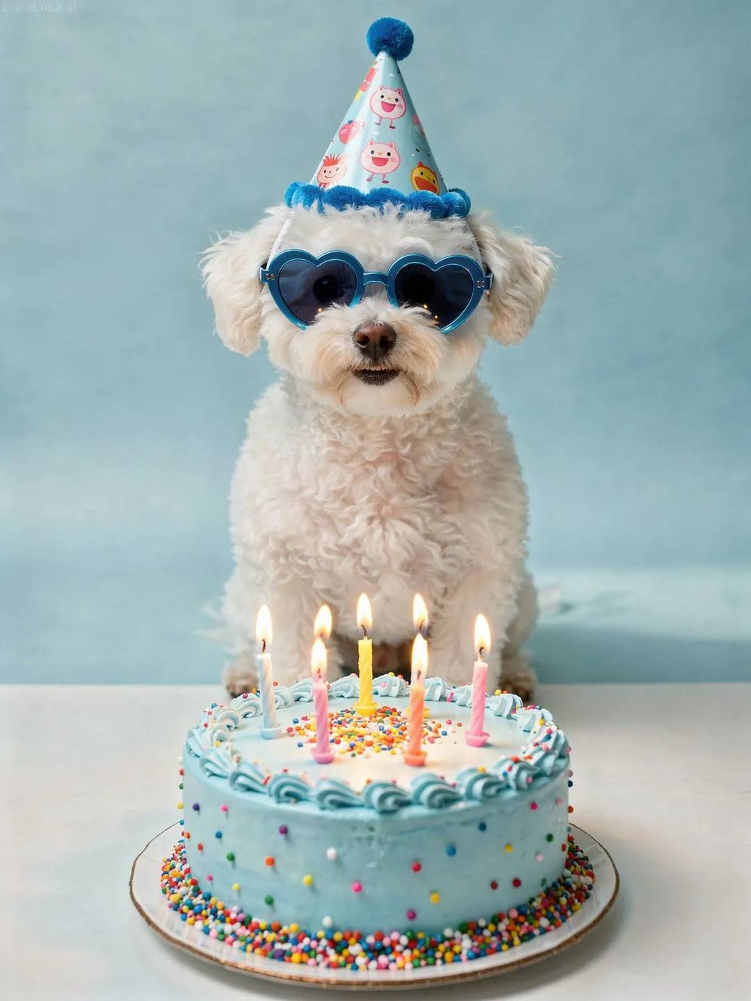 Bichon Frise dog wearing blue heart sunglasses with a pastel blue birthday cake