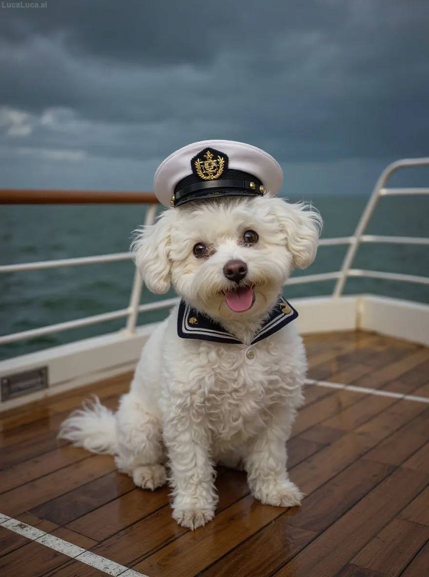 Bichon Frise dog in captain uniform on a boat deck during a storm