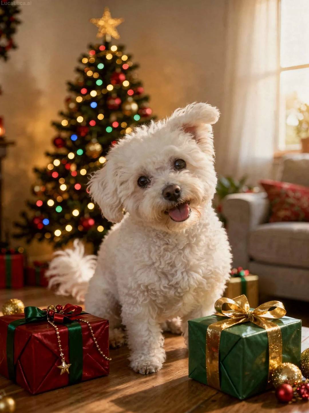 Bichon Frise dog sitting beside a decorated Christmas tree with wrapped presents