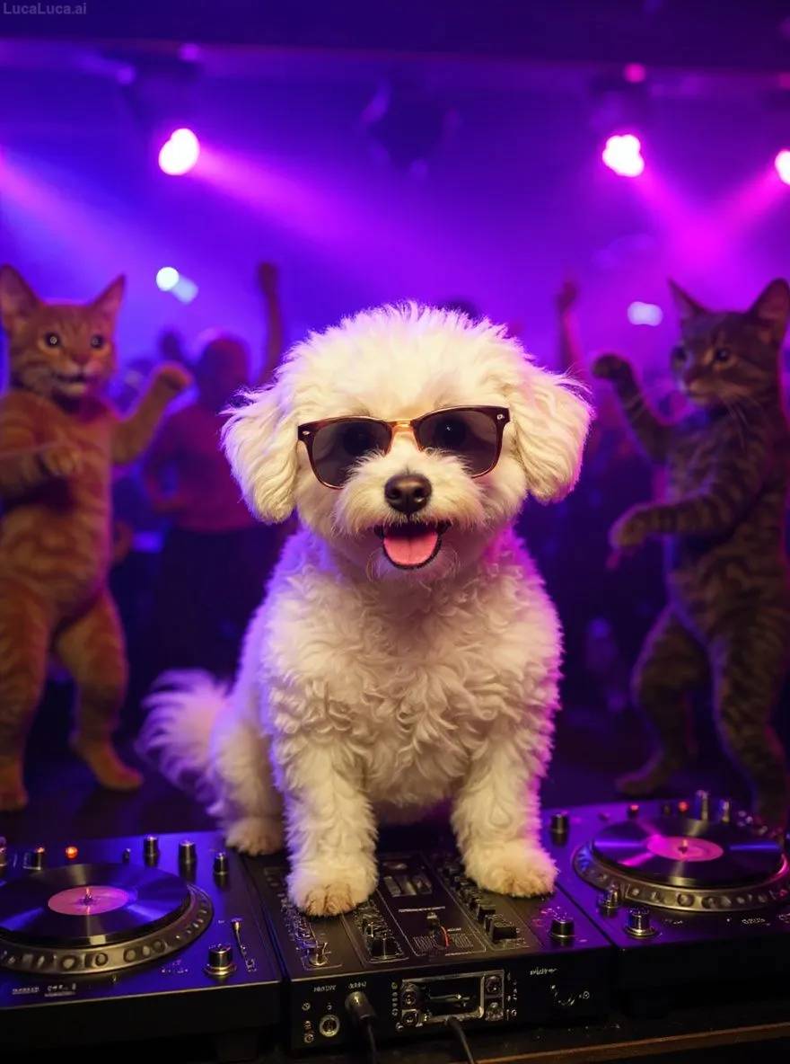 Bichon Frise dog wearing sunglasses with paws on turntables at a nightclub