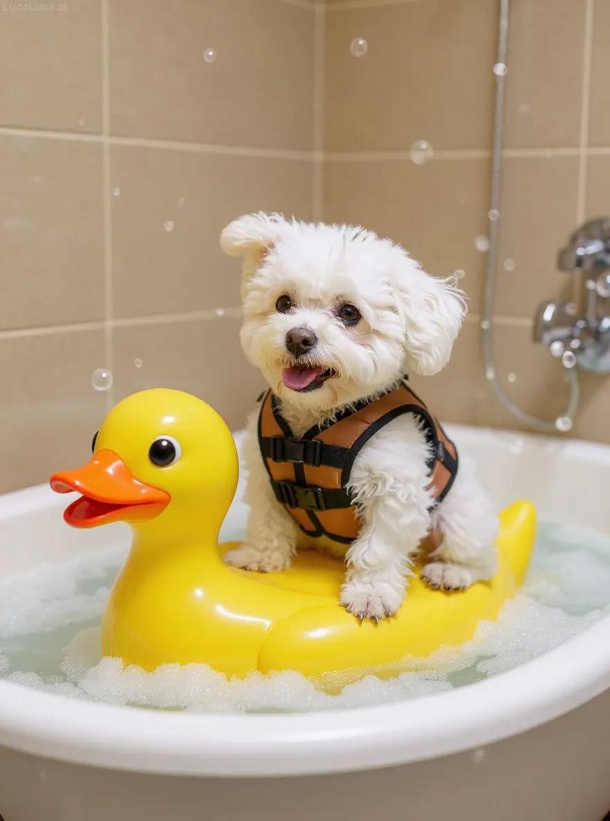 Bichon Frise dog wearing a tiny life jacket riding a giant rubber duck in bubbles