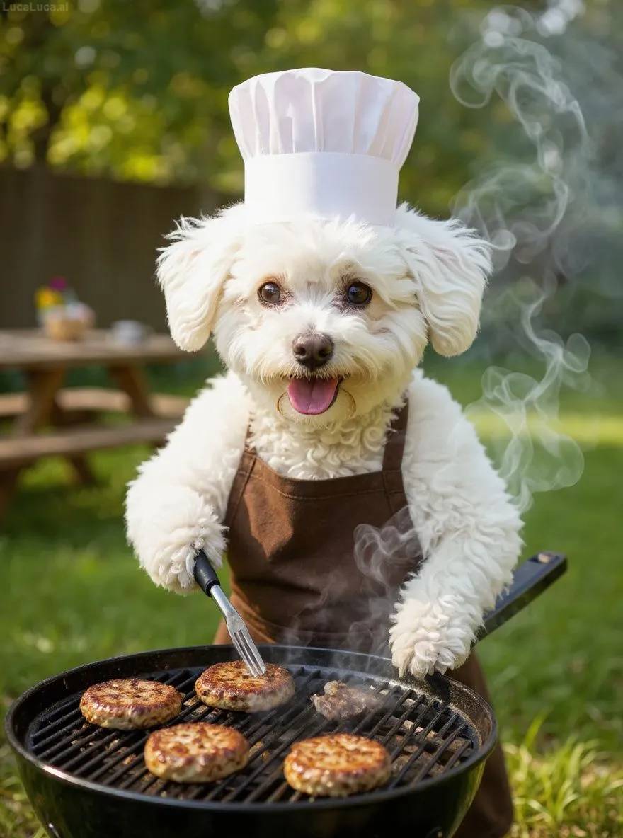 Bichon Frise dog wearing an apron flipping burgers at a backyard barbecue