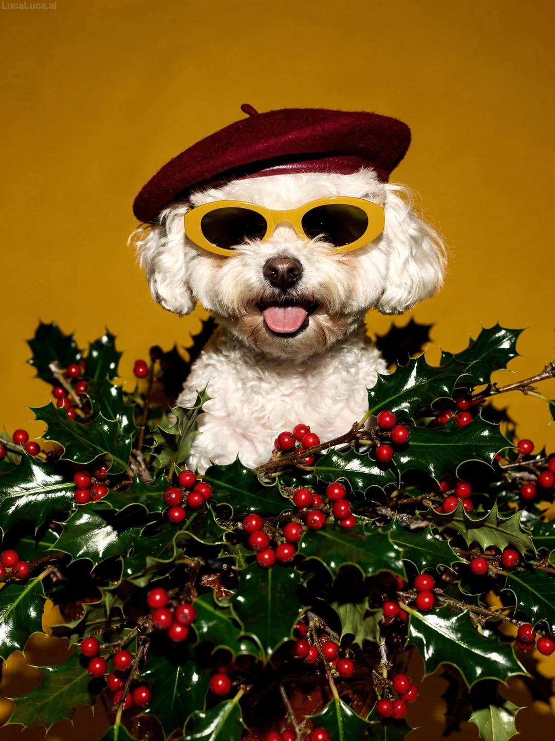 Bichon Frise dog wearing yellow sunglasses and a cranberry beret holding holly branches