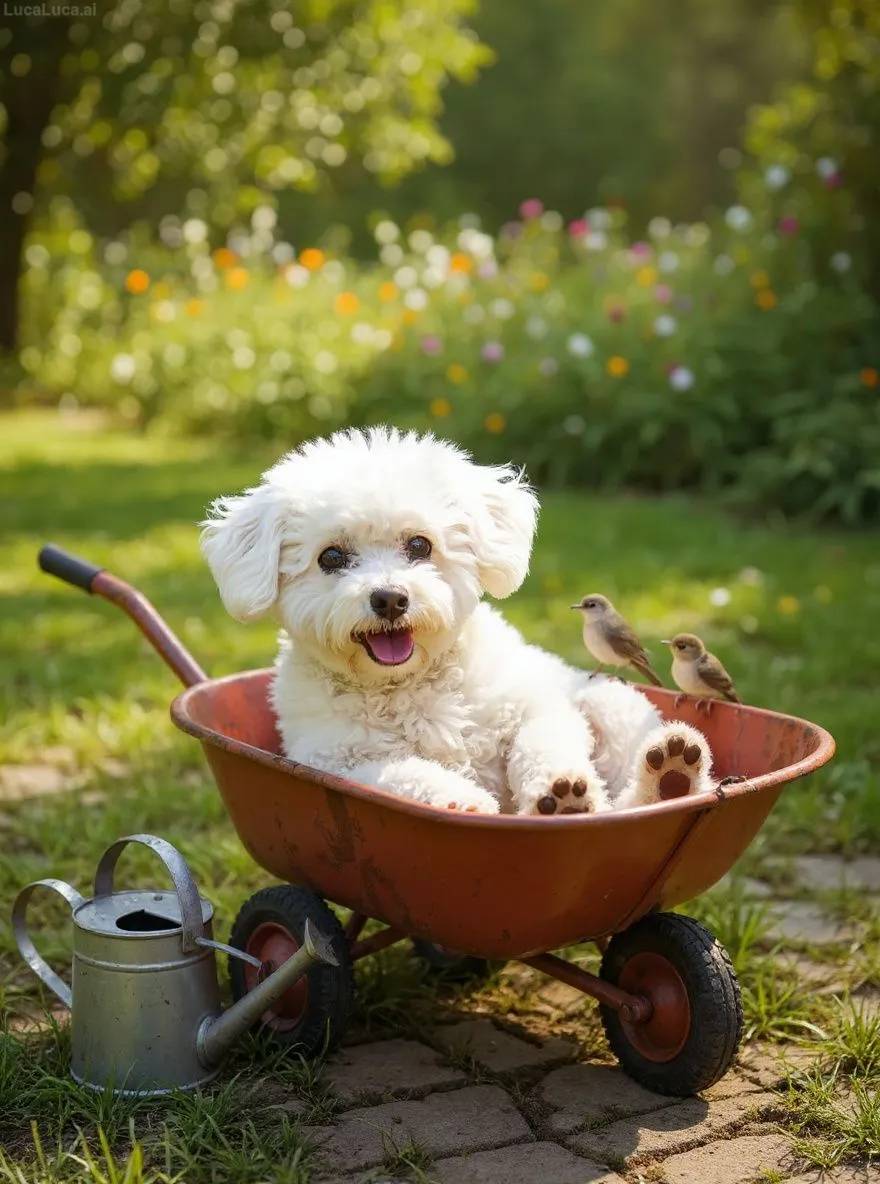 Bichon Frise dog dozing in a wheelbarrow with a watering can nearby