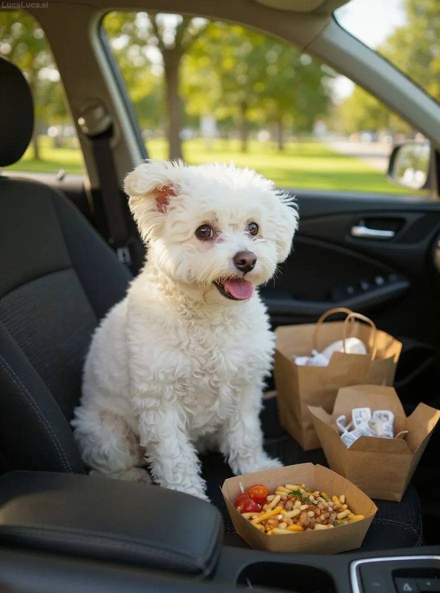 Bichon Frise dog in a car passenger seat surrounded by takeout bags