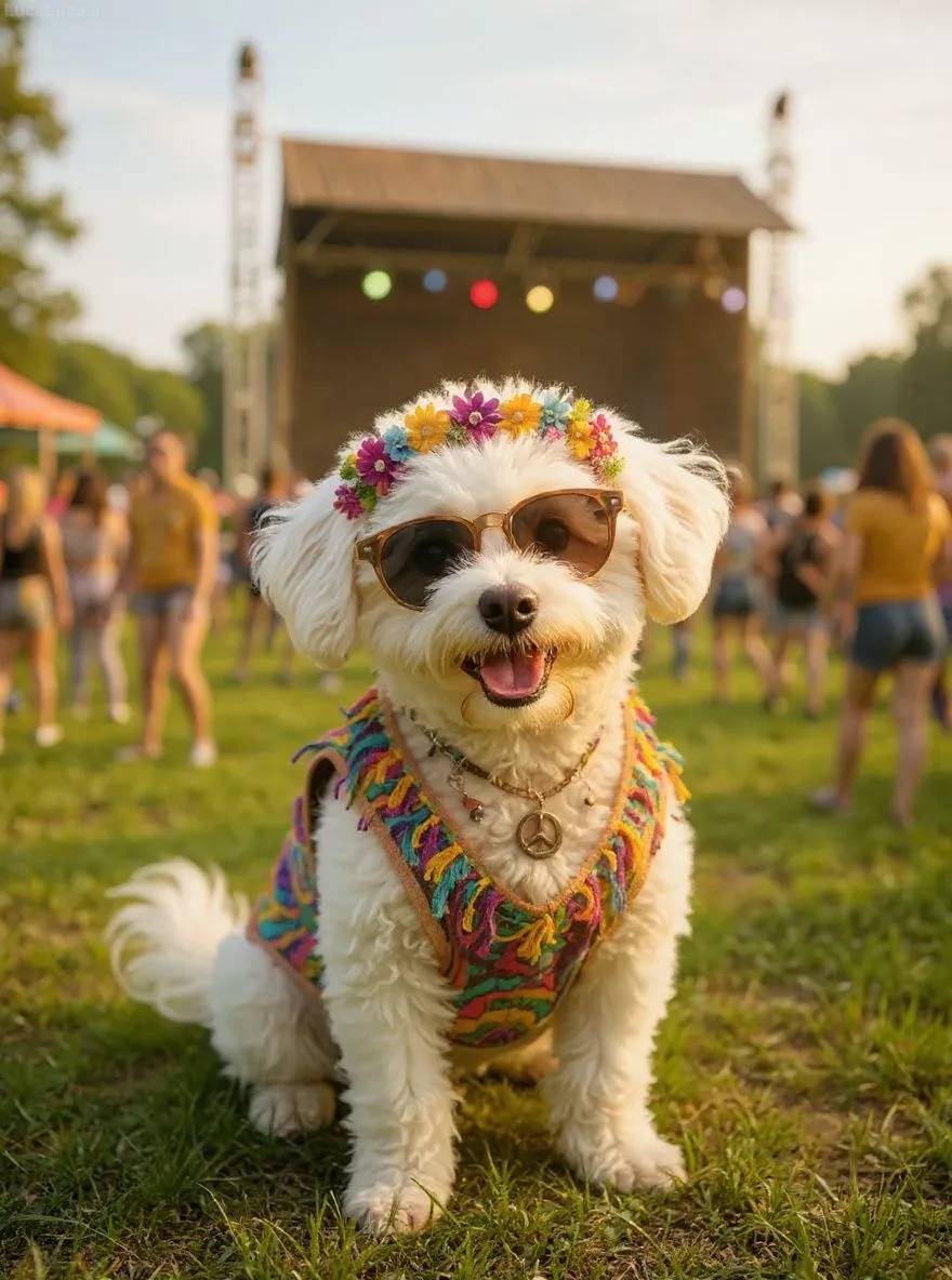 Bichon Frise dog in hippie style with tie-dye and flower crown at a music festival