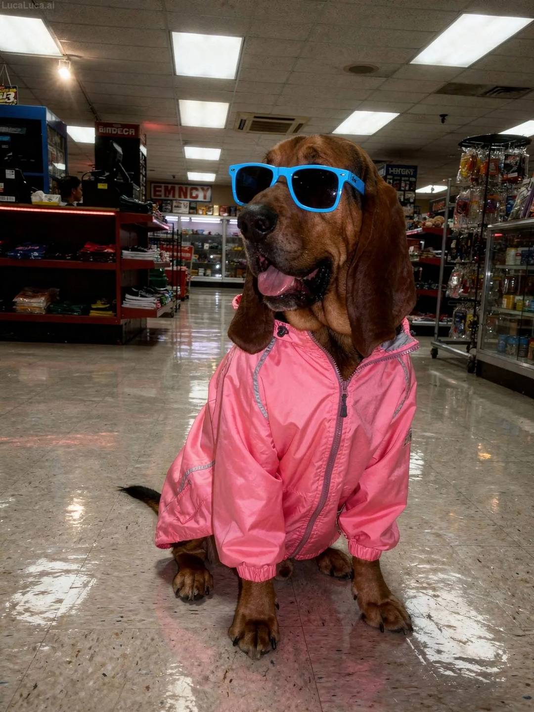 Bloodhound dog wearing a neon pink windbreaker and blue sunglasses at night