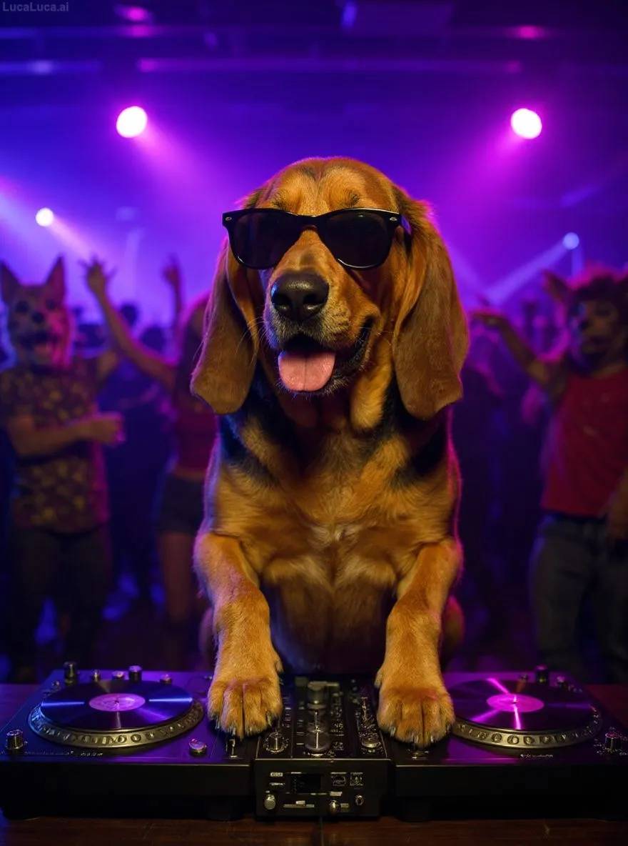 Bloodhound dog wearing sunglasses with paws on turntables at a nightclub