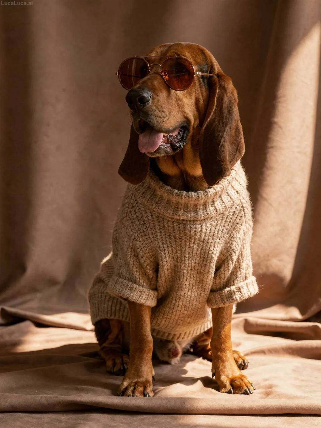 Bloodhound dog wearing a chunky beige knit sweater and brown sunglasses
