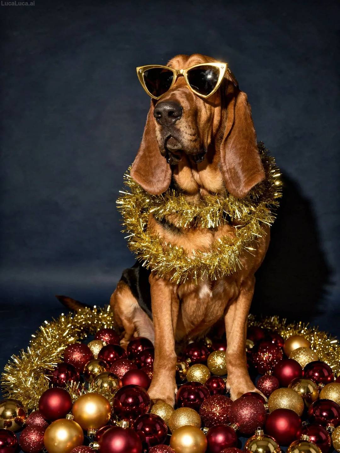 Bloodhound dog wearing gold sunglasses and tinsel scarf holding Christmas ornaments