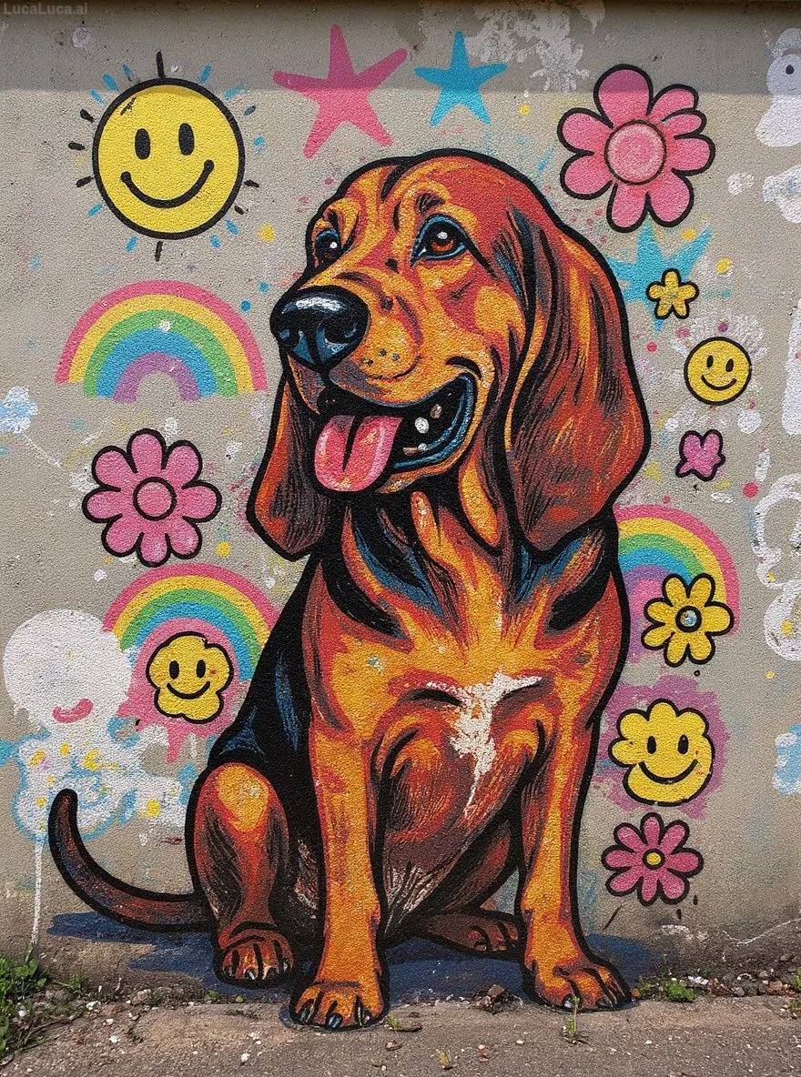 Bloodhound dog as street art combining graffiti style with pop art flowers