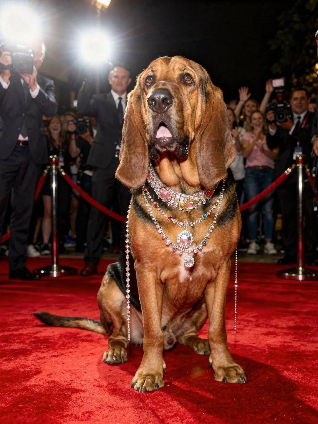 Bloodhound dog dripping in jewels posing for paparazzi on a red carpet