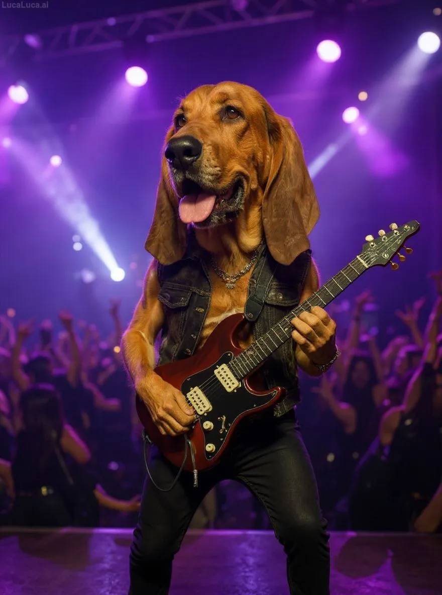 Bloodhound dog on stage with an electric guitar under bright lights
