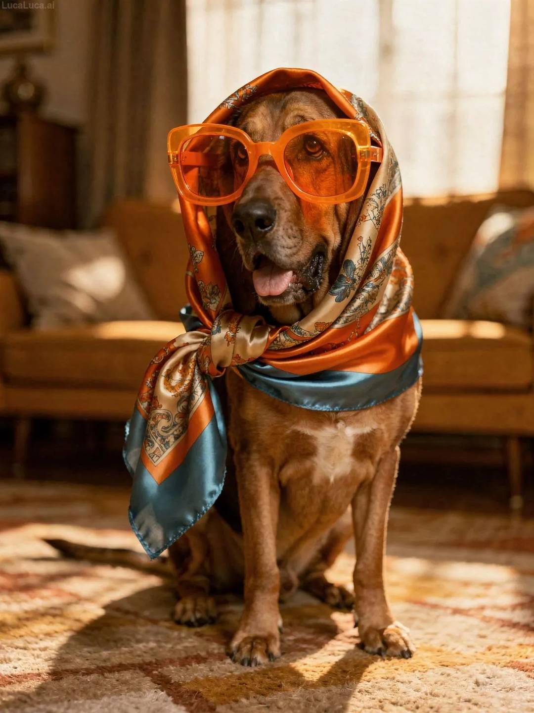 Bloodhound dog wearing orange sunglasses and a silky patterned headscarf