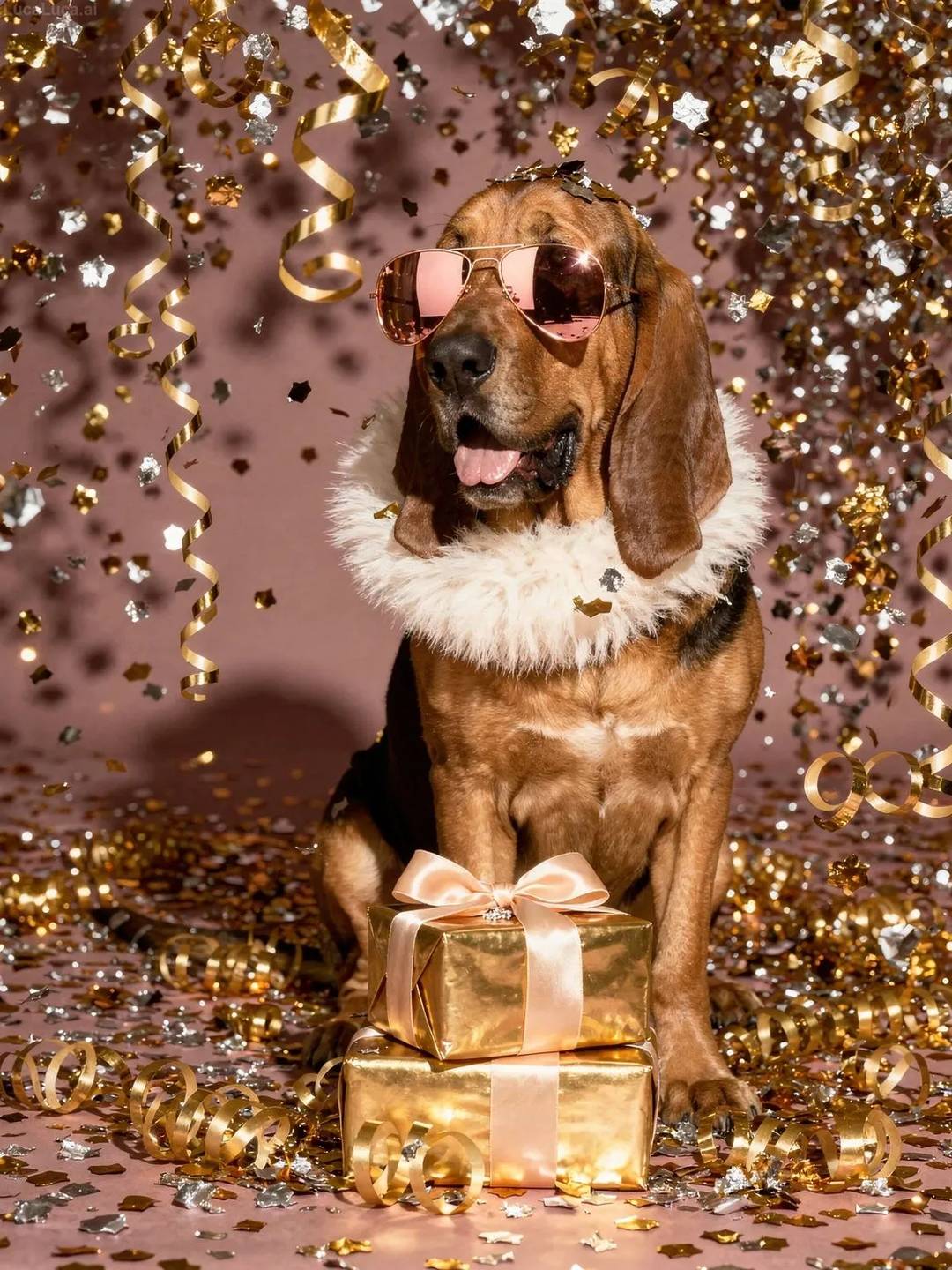 Bloodhound dog wearing rose gold sunglasses with gold confetti and gift boxes