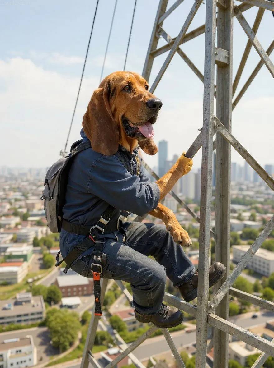 Bloodhound dog in work overalls on an electrical tower holding tools