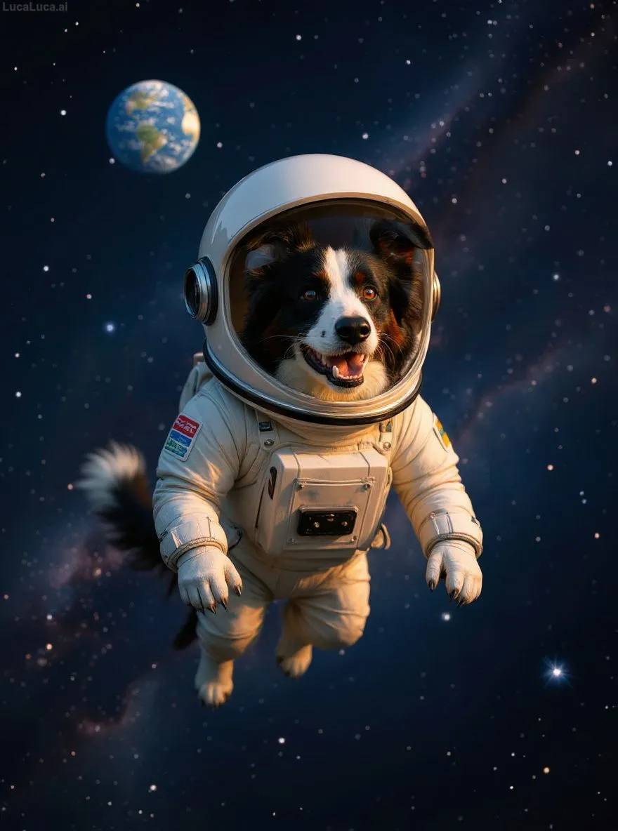 Border Collie dog in a space suit floating in space with Earth in the background