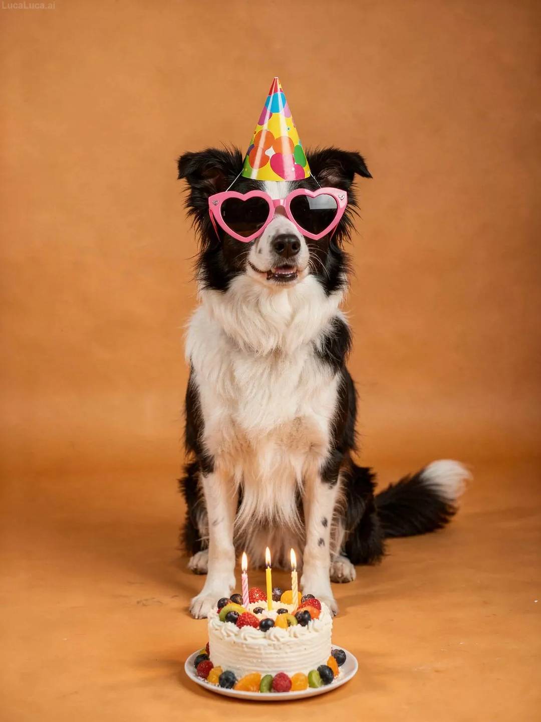 Border Collie dog wearing pink heart sunglasses and party hat with a fruit cake