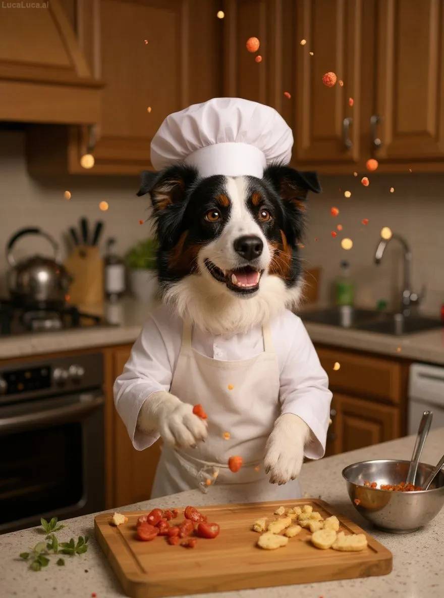 Border Collie dog wearing a chef hat and apron tossing ingredients in a kitchen