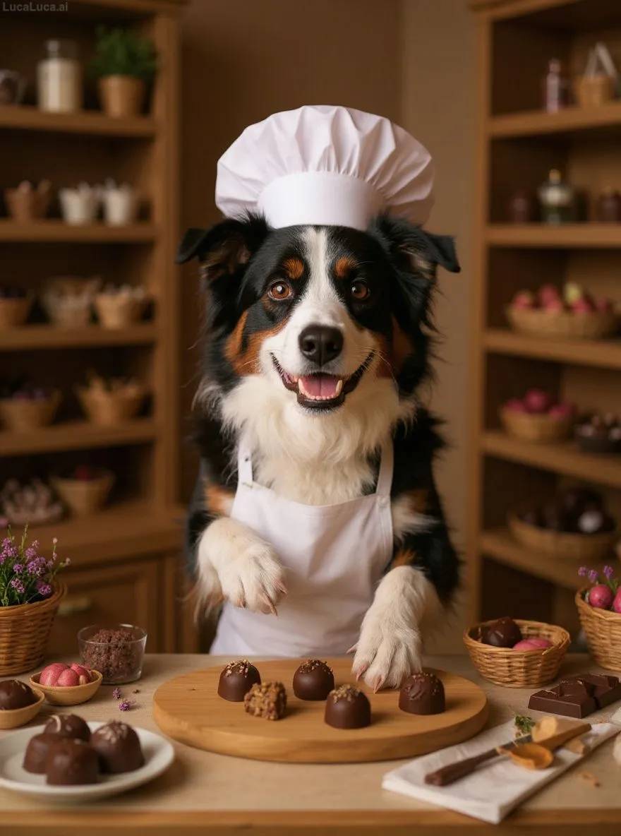 Border Collie dog in a white apron decorating chocolate truffles in a chocolate shop