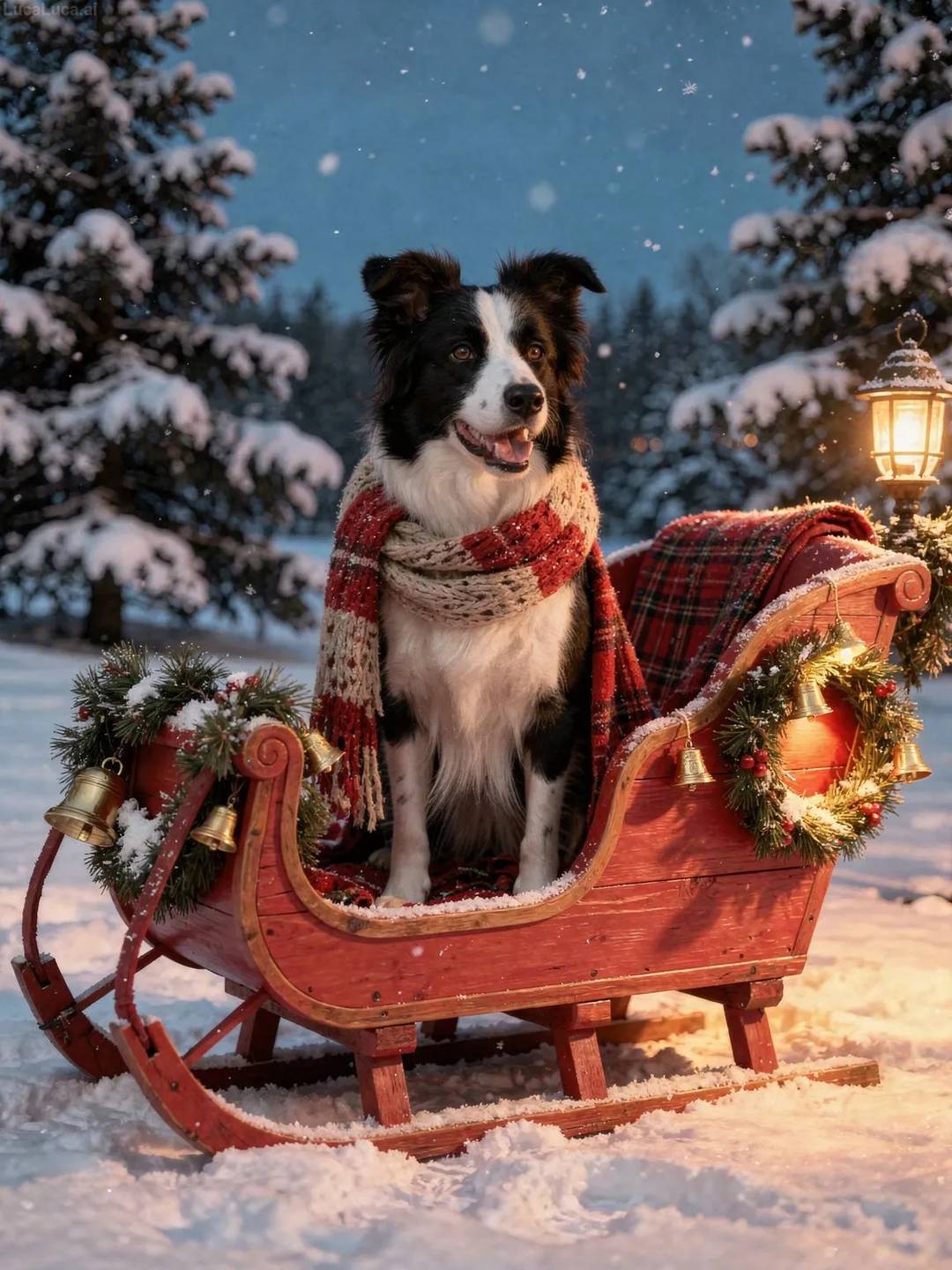 Border Collie dog in a red wooden sleigh wrapped in a plaid blanket with snow falling
