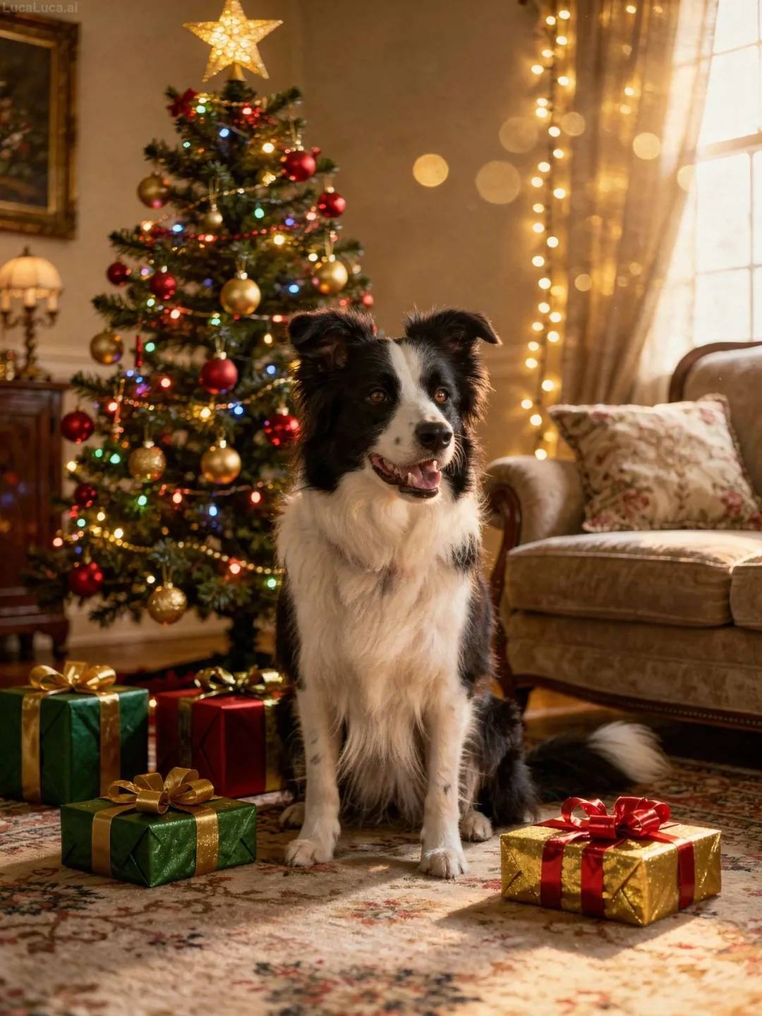 Border Collie dog sitting beside a decorated Christmas tree with wrapped presents
