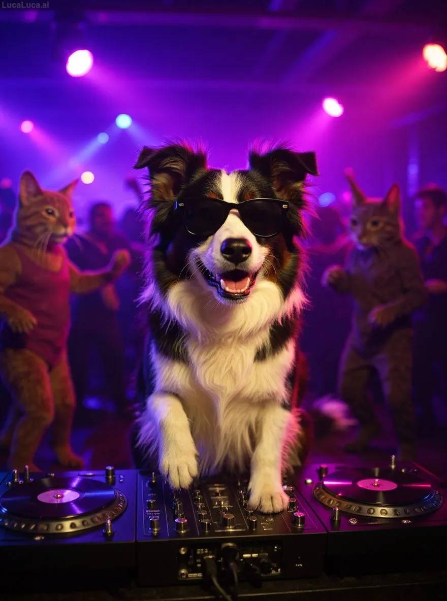 Border Collie dog wearing sunglasses with paws on turntables at a nightclub
