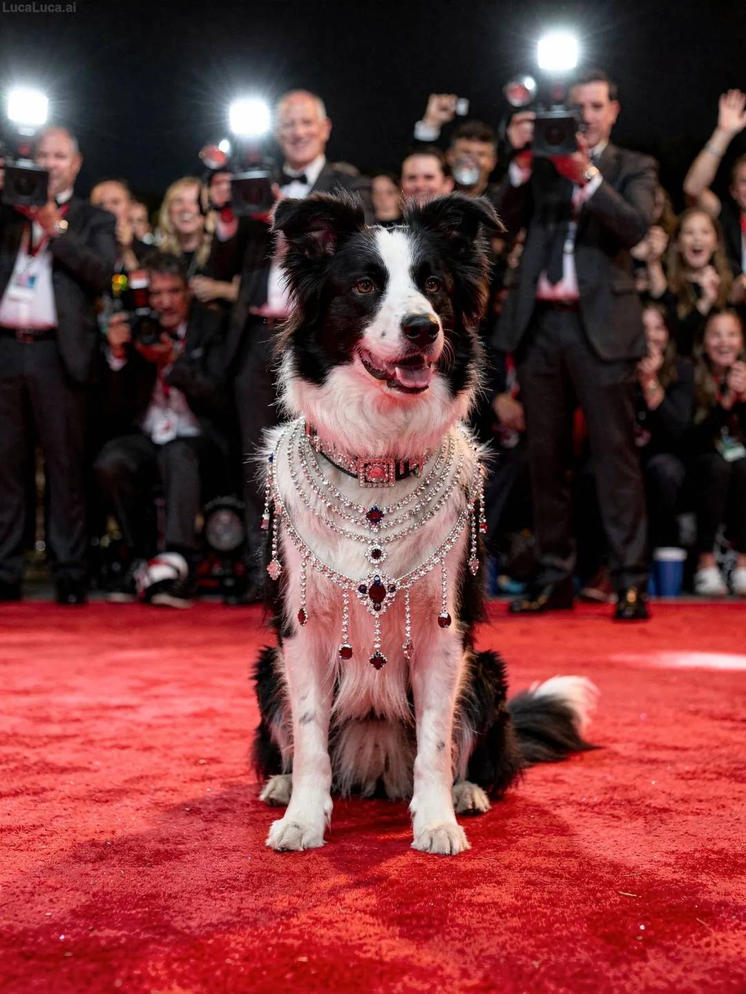 Border Collie dog dripping in jewels posing for paparazzi on a red carpet