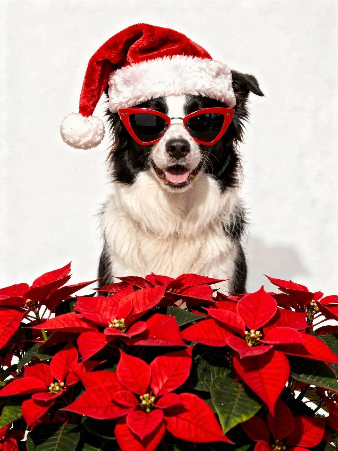 Border Collie dog wearing red sunglasses and Santa hat holding red poinsettias