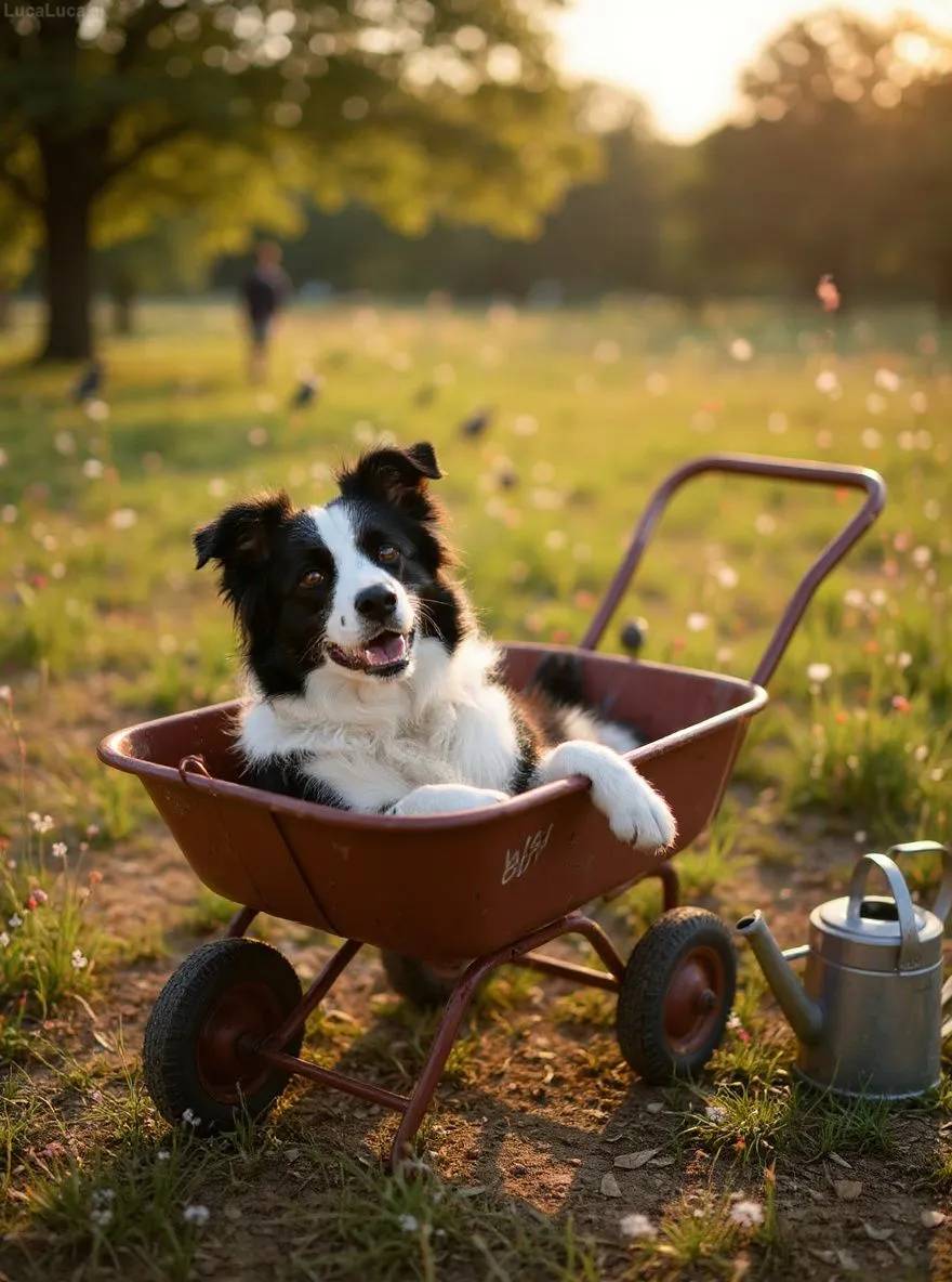 Border Collie dog dozing in a wheelbarrow with a watering can nearby
