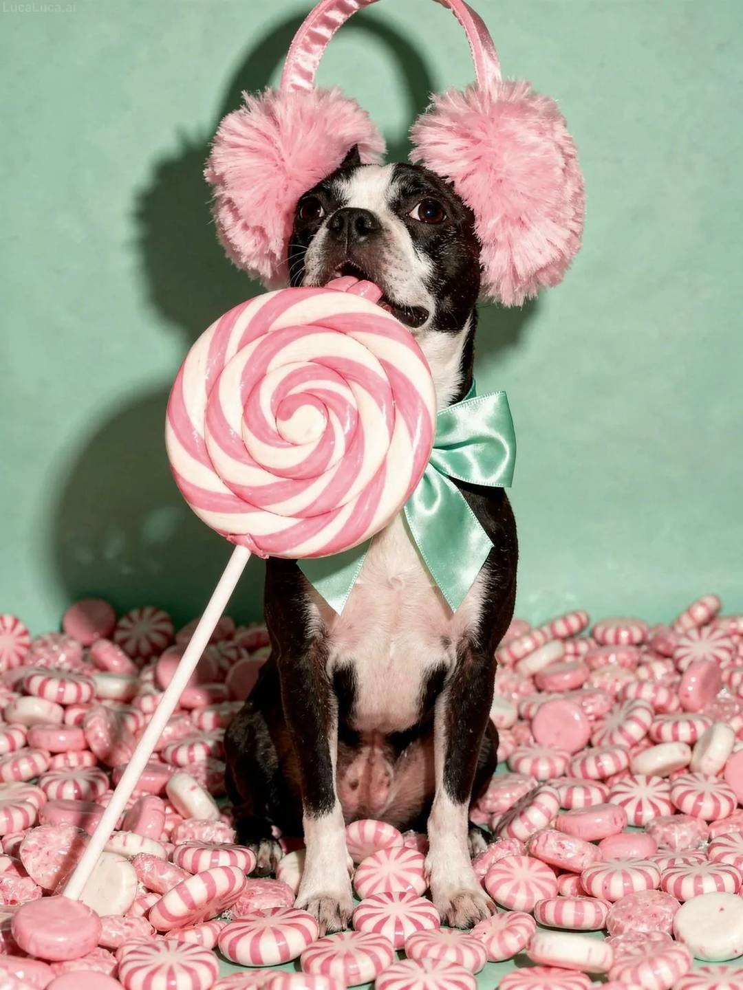 Boston Terrier dog wearing pink earmuffs holding a swirl lollipop and peppermints