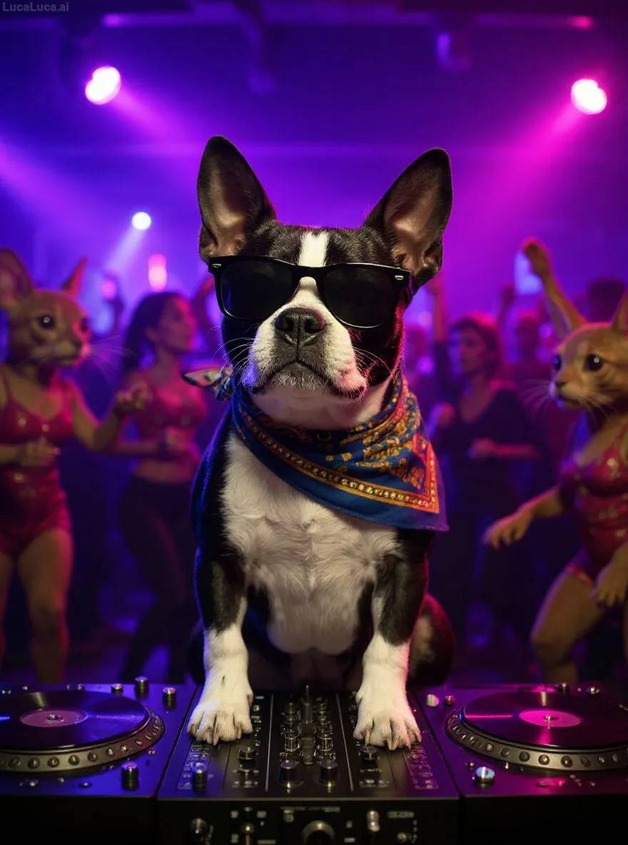 Boston Terrier dog wearing sunglasses with paws on turntables at a nightclub