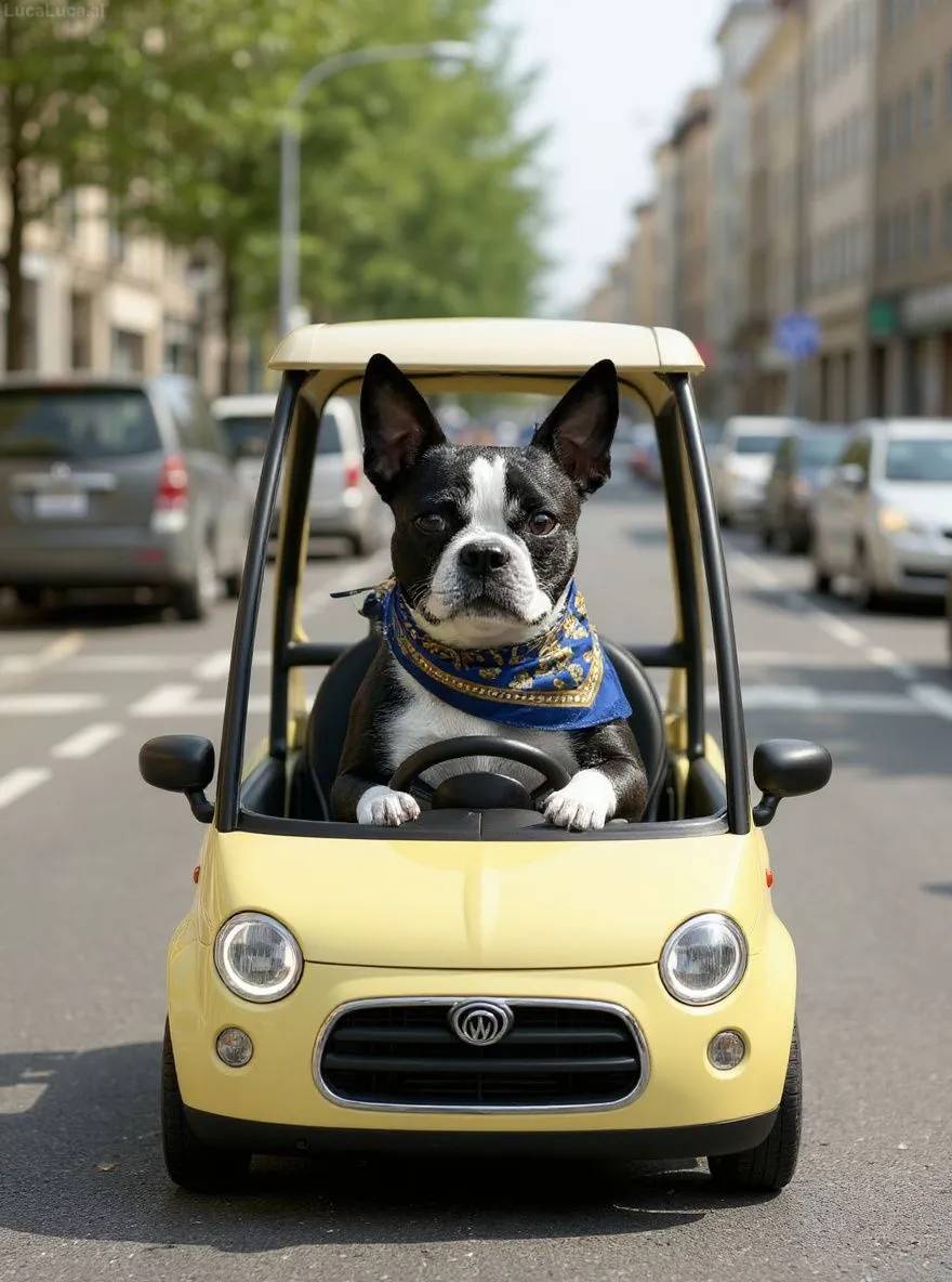 Boston Terrier dog behind the wheel of a car holding a coffee cup